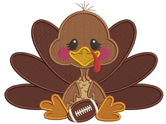 Cute Turkey With a Football Sports Fall Filled Thanksgiving Machine Embroidery Design Digitized Pattern