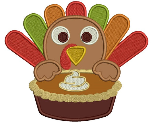 Cute Turkey With a Pie Thanksgiving Applique Machine Embroidery Digitized Design Pattern