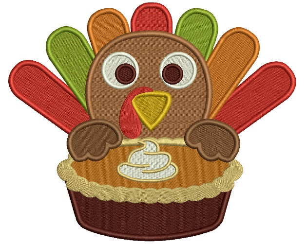 Cute Turkey With a Pie Thanksgiving Filled Machine Embroidery Digitized Design Pattern