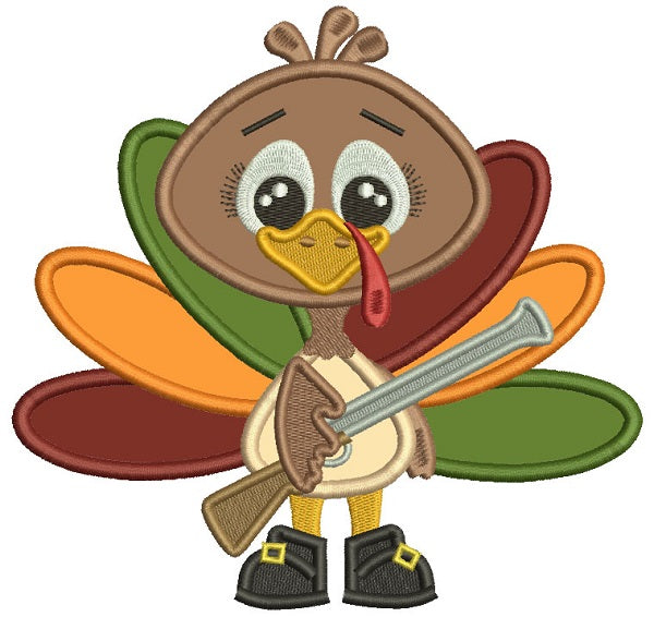 Cute Turkey With a Rifle Thanksgiving Applique Machine Embroidery Design Digitized Pattern