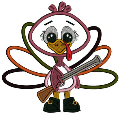 Cute Turkey With a Rifle Thanksgiving Applique Machine Embroidery Design Digitized Pattern