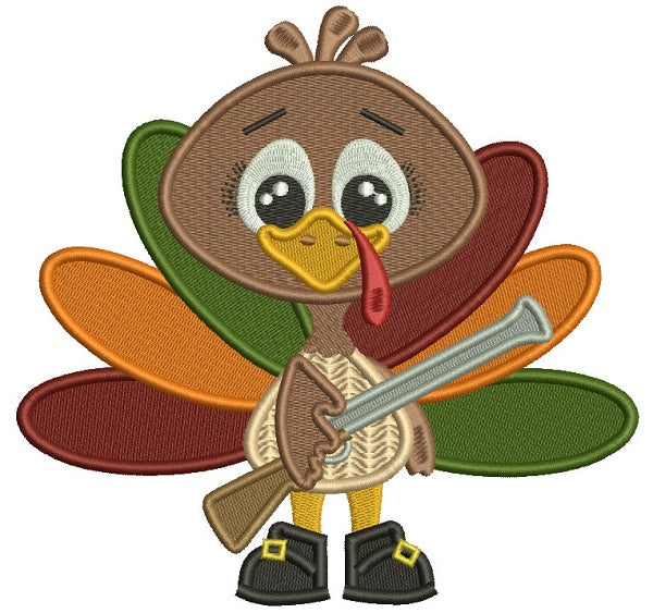 Cute Turkey With a Rifle Thanksgiving Filled Machine Embroidery Design Digitized Pattern