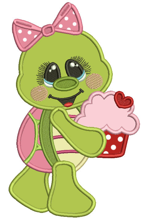 Cute Turtle Girl Holding Cupcake Valentine's Day Applique Machine Embroidery Design Digitized Pattern
