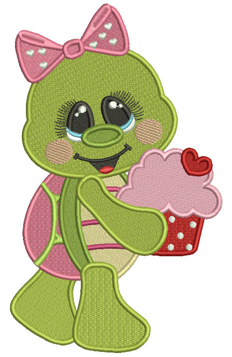 Cute Turtle Girl Holding Cupcake Valentine's Day Filled Machine Embroidery Design Digitized Pattern