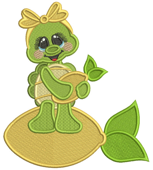 Cute Turtle Holding Lemon Filled Machine Embroidery Design Digitized Pattern