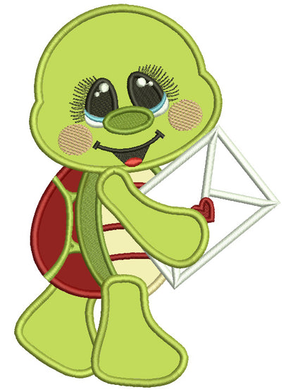 Cute Turtle Holding Letter With a Heart Valentine's Day Applique Machine Embroidery Design Digitized Pattern