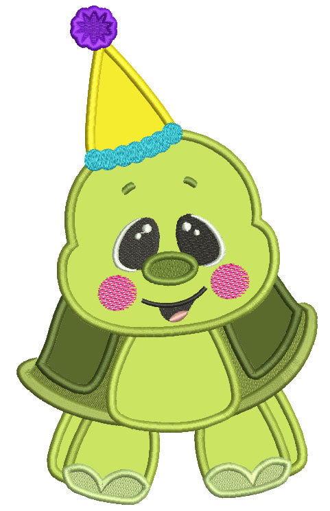 Cute Turtle Wearing Birthday Hat Applique Machine Embroidery Design Digitized Pattern