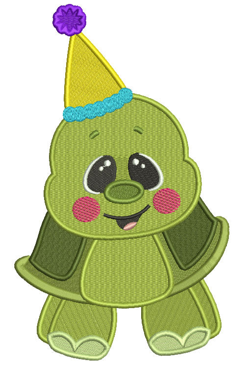Cute Turtle Wearing Birthday Hat Filled Machine Embroidery Design Digitized Pattern