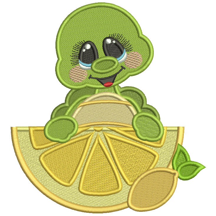 Cute Turtle With Lemon Summer Filled Machine Embroidery Design Digitized Pattern