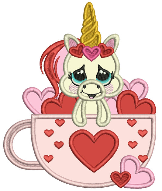 Cute Unicorn Inside a Cup With Hearts Applique Machine Embroidery Design Digitized Pattern