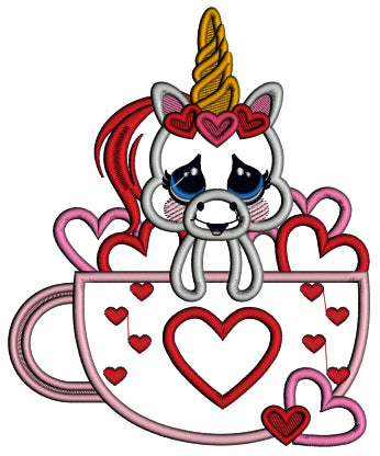 Cute Unicorn Inside a Cup With Hearts Applique Machine Embroidery Design Digitized Pattern