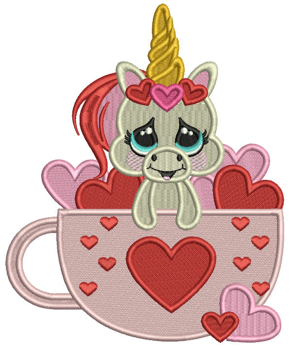 Cute Unicorn Inside a Cup With Hearts Filled Machine Embroidery Design Digitized Pattern