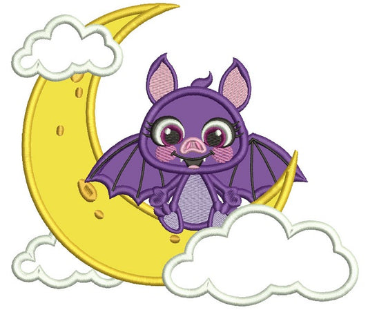 Cute Vampire Bat Sitting On The Moon Applique Halloween Machine Embroidery Design Digitized Pattern