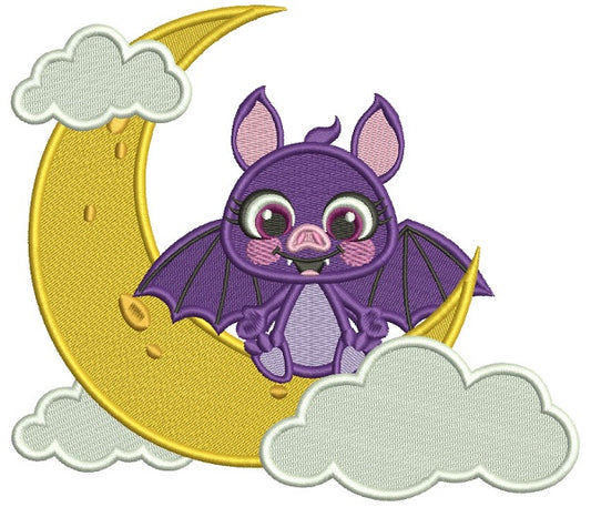 Cute Vampire Bat Sitting On The Moon Filled Halloween Machine Embroidery Design Digitized Pattern