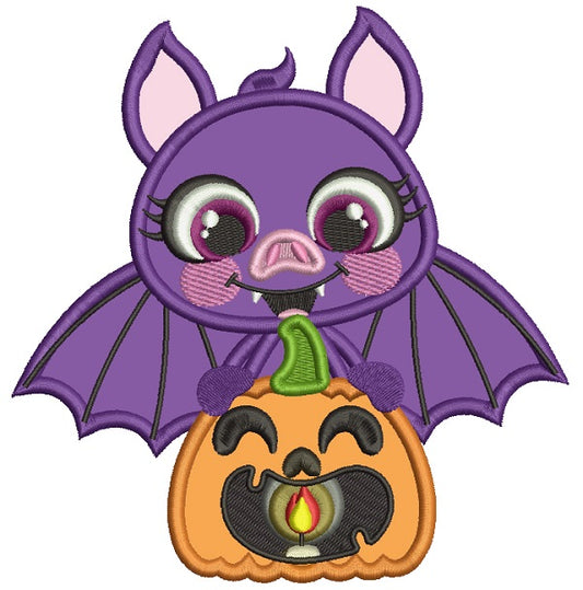 Cute Vampire Bat Sitting On The Pumpkin Applique Halloween Machine Embroidery Design Digitized Pattern