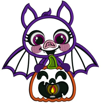 Cute Vampire Bat Sitting On The Pumpkin Applique Halloween Machine Embroidery Design Digitized Pattern