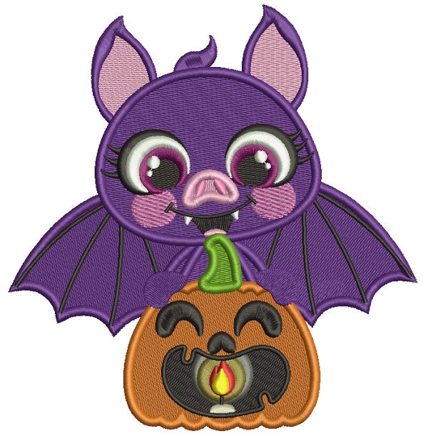Cute Vampire Bat Sitting On The Pumpkin Filled Halloween Machine Embroidery Design Digitized Pattern