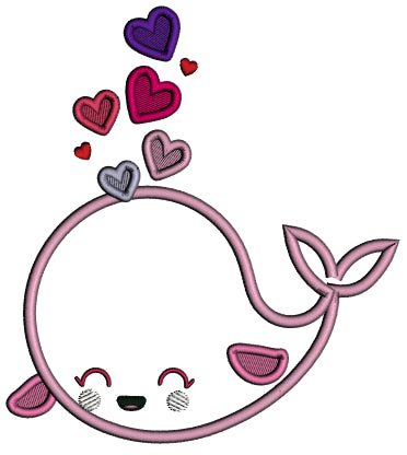Cute Whale With Hearts Valentine's Day Applique Machine Embroidery Design Digitized Pattern