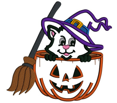 Cute Witch Cat With a Broom Sitting Inside a Pumpkin Halloween Applique Machine Embroidery Design Digitized Pattern