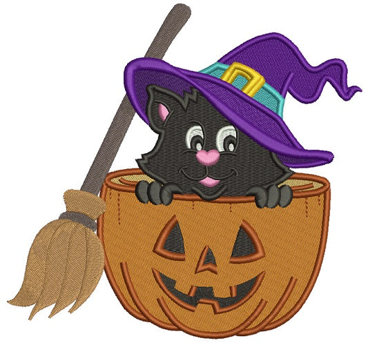 Cute Witch Cat With a Broom Sitting Inside a Pumpkin Halloween Filled Machine Embroidery Design Digitized Pattern
