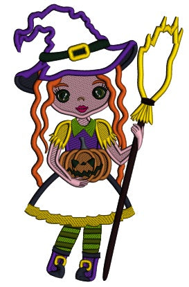 Cute Witch Holding a Broom and a Pumpkin Halloween Applique Machine Embroidery Design Digitized Pattern