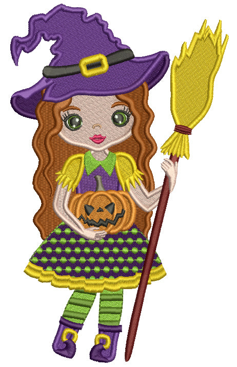 Cute Witch Holding a Broom and a Pumpkin Halloween Filled Machine Embroidery Design Digitized Pattern