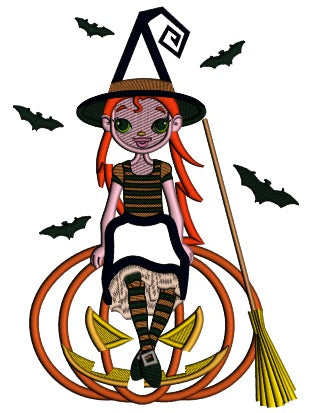 Cute Witch Sitting On a Pumpkin Halloween Applique Machine Embroidery Design Digitized Pattern