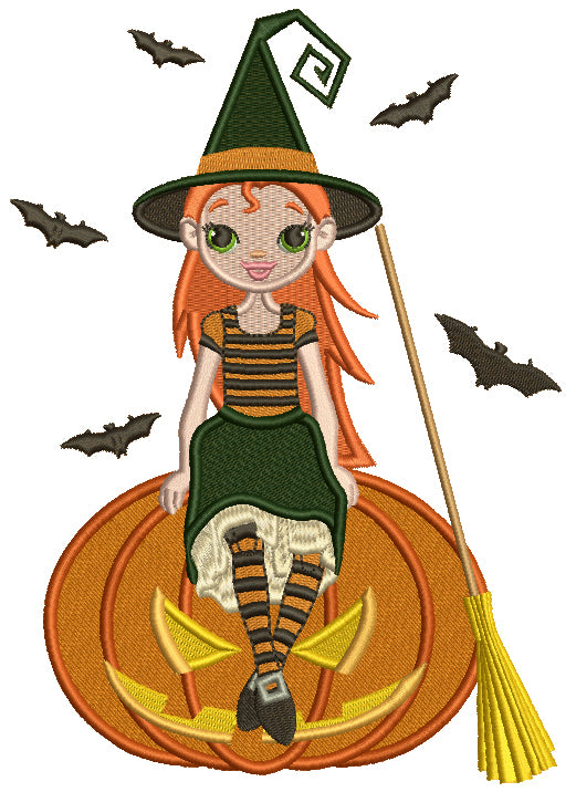 Cute Witch Sitting On a Pumpkin Halloween Filled Machine Embroidery Design Digitized Pattern