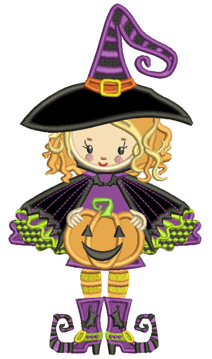 Cute Witch With Big Hat Holding a Pumpkin Halloween Applique Machine Embroidery Design Digitized Pattern
