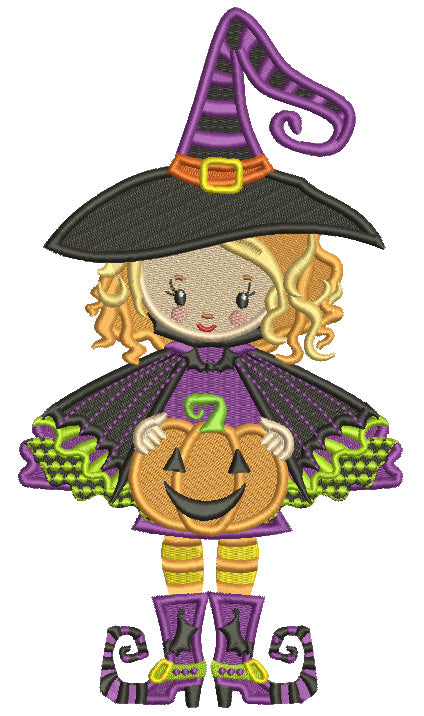 Cute Witch With Big Hat Holding a Pumpkin Halloween Filled Machine Embroidery Design Digitized Pattern