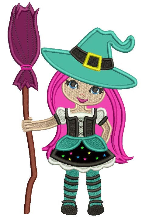 Cute Witch With Long Hair Holding a Broom Halloween Applique Machine Embroidery Design Digitized Pattern