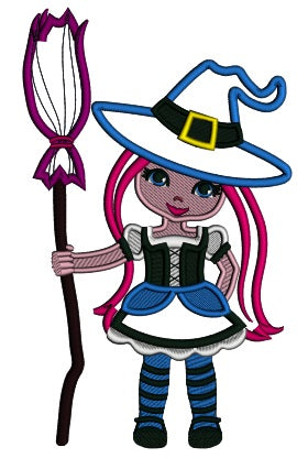 Cute Witch With Long Hair Holding a Broom Halloween Applique Machine Embroidery Design Digitized Pattern