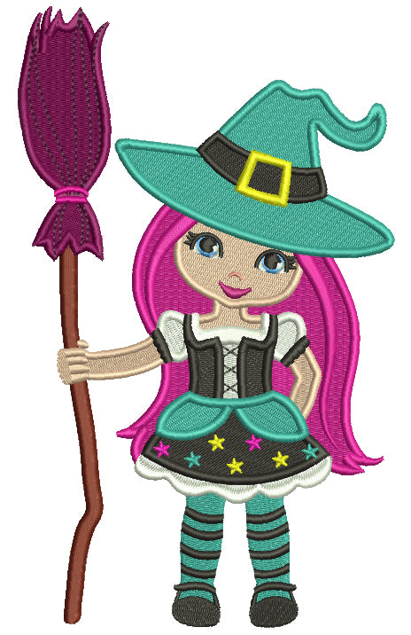 Cute Witch With Long Hair Holding a Broom Halloween Filled Machine Embroidery Design Digitized Pattern