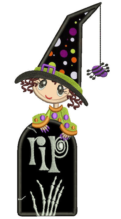 Cute Witch With a Big Hat and Spider RIP Halloween Applique Machine Embroidery Digitized Design Pattern