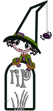Cute Witch With a Big Hat and Spider RIP Halloween Applique Machine Embroidery Digitized Design Pattern