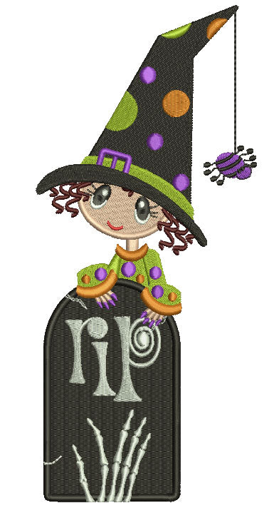 Cute Witch With a Big Hat and Spider RIP Halloween Filled Machine Embroidery Digitized Design Pattern