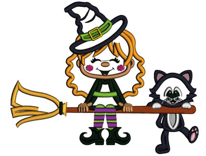 Cute Witch and a Cat Flying a Broom Halloween Applique Machine Embroidery Design Digitized Pattern