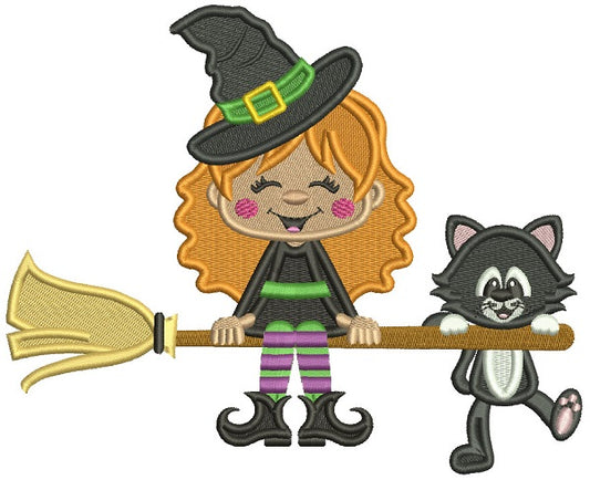 Cute Witch and a Cat Flying a Broom Halloween Filled Machine Embroidery Design Digitized Pattern