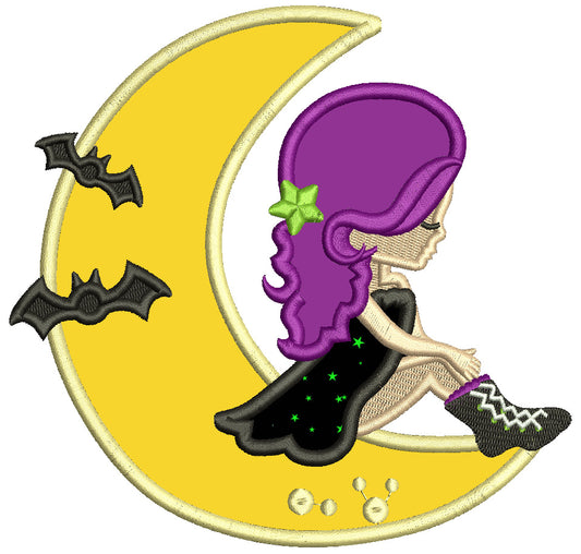 Cute With Sitting On The Moon With Bats Halloween Applique Machine Embroidery Design Digitized Pattern
