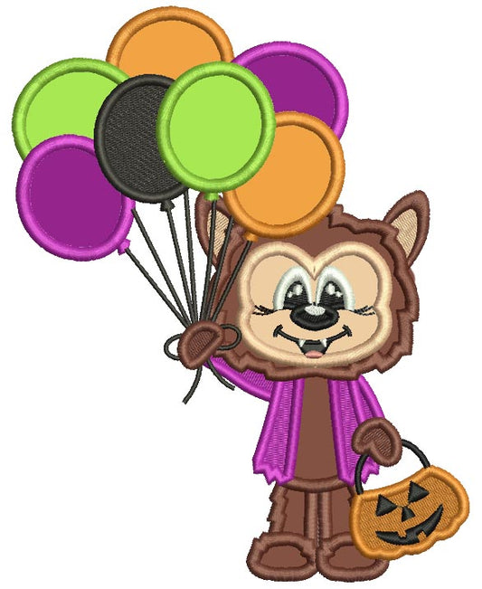 Cute Wolf Holding Balloons Halloween Applique Machine Embroidery Design Digitized Pattern