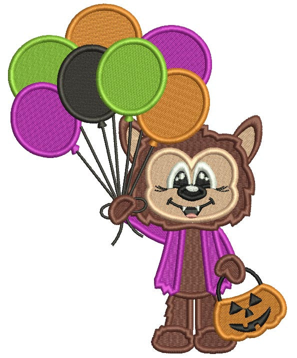 Cute Wolf Holding Balloons Halloween Filled Machine Embroidery Design Digitized Pattern