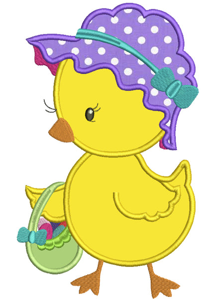 Cute Chick With Easter Basket Applique Machine Embroidery Design Digitized Pattern