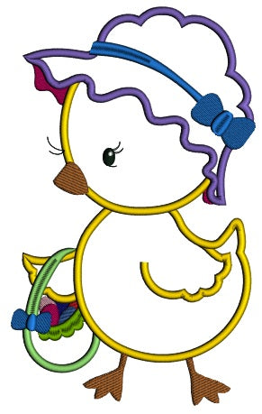 Cute Chick With Easter Basket Applique Machine Embroidery Design Digitized Pattern