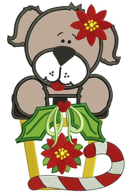 Cute Christmas Dog With Candy Cane Applique Machine Embroidery Design Digitized Pattern