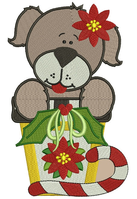 Cute Christmas Dog With Candy Cane Filled Machine Embroidery Design Digitized Pattern