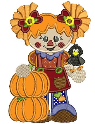 Cute Scarecrow Girl with two pumpkins Applique Machine Embroidery Digitized Design Pattern