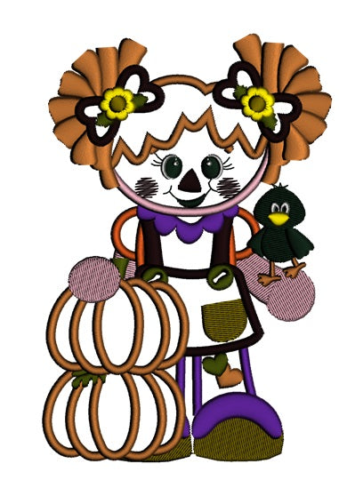 Cute Scarecrow Girl with two pumpkins Applique Machine Embroidery Digitized Design Pattern