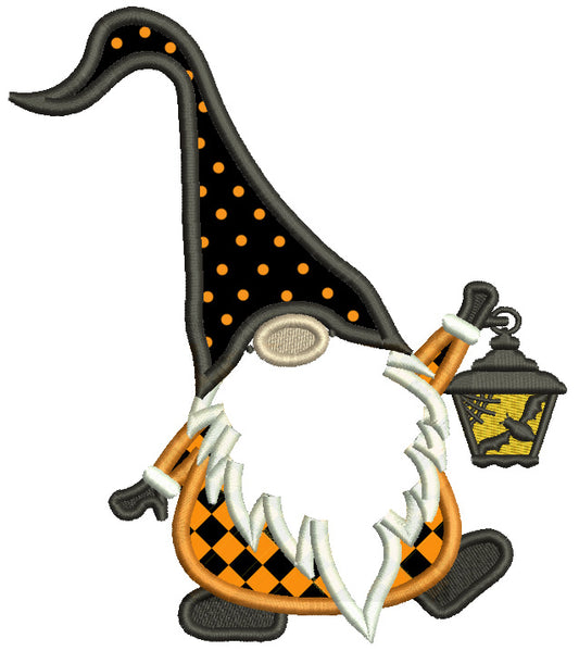 Dancing Gnome Holding Lantern Halloween Applique Machine Embroidery Design Digitized Pattern