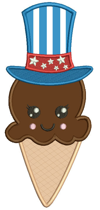 Dark Chocolate Cone Wearing American Hat 4th Of July Patriotic Applique Machine Embroidery Digitized Design Pattern
