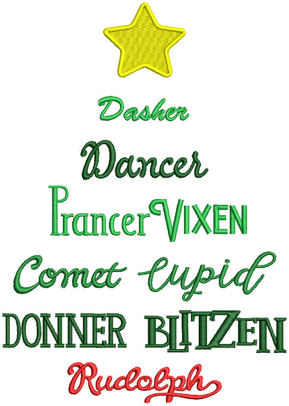 Dasher Dancer Prancer Vixen Comet Cupid Donner Blitzen Rudolph Christmas Tree Filled Machine Embroidery Design Digitized Pattern